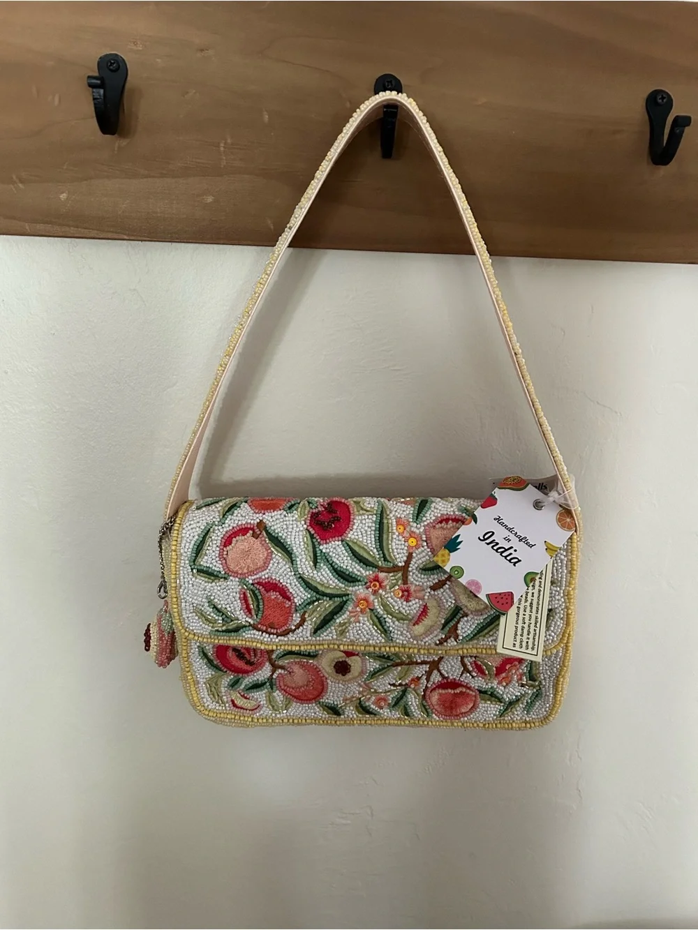 Marshalls Beaded Floral Shoulder Bag - Cream, Pink & Green PEACHES!